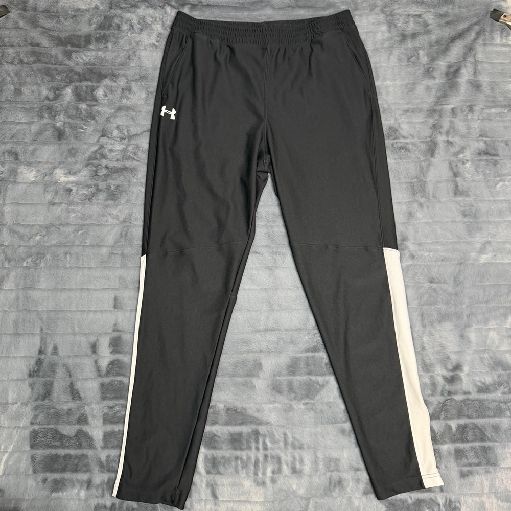 Under Armour Track Pants Mens XL Black White Striped Fitted Zipper Cuffs Joggers